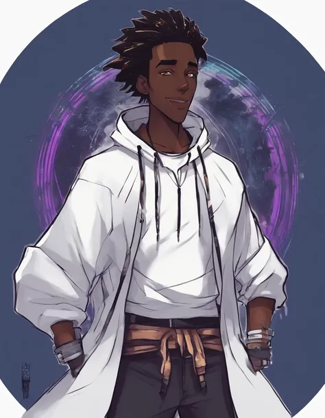 a drawing of an dark skin person with a black dreadlocks and a white shirt, wearing black hoodie with an yin Yang logo on it, halfbody portrait, tyler jacobson style, anime character, cel shaded:15, young anime man, androgynous appearance, shaggy dreadlock...