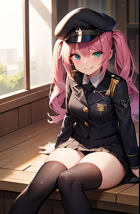 (Best Quality, 8K, masutepiece: 1.5),annette,Spy Classroom,Light pink hair,curly twintails,14years,Small breasts,Light green eyes,(an eye patch: 1.1),Invincible smile,Black One Piece Military Uniform,In a black skirt,Black long boots,yandere,lolish,Small C...