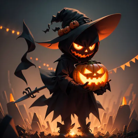 Halloween cartoon, cute pumpkin head, glowing eyes, wearing scare crow outfit, holding digging fork, black smoke Halloween background, 4k quality