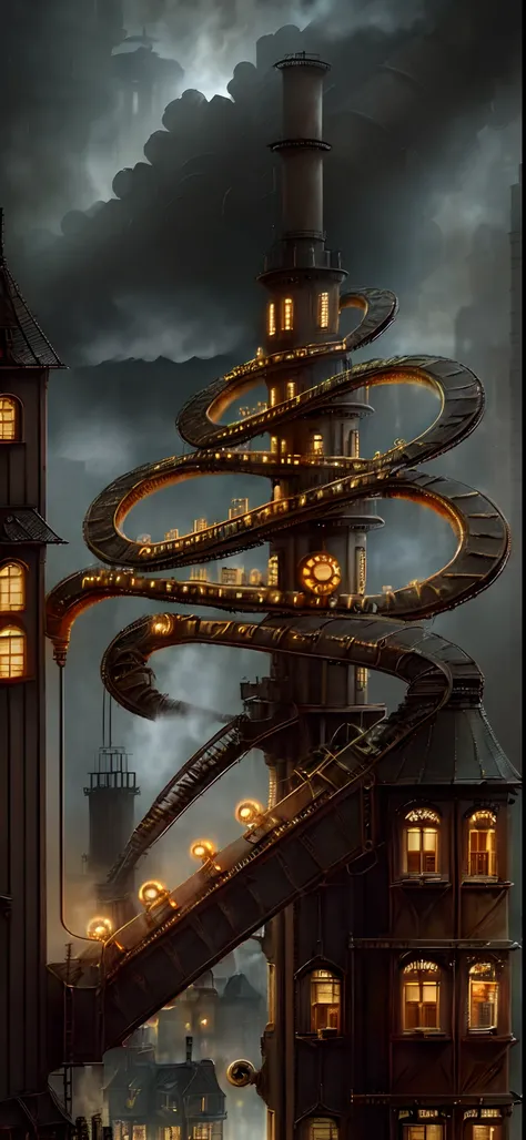 (((steampunc))),City,(((Crowded buildings))),Exposed gears and pipes,(((Dim light))),Flood the ground,((gear wheel)),((Thick tubes)),Covered bridge,The perspective is bottom-up, Reflects the height of the building,Dark weather,Smoking chimneys,(((Mechanica...