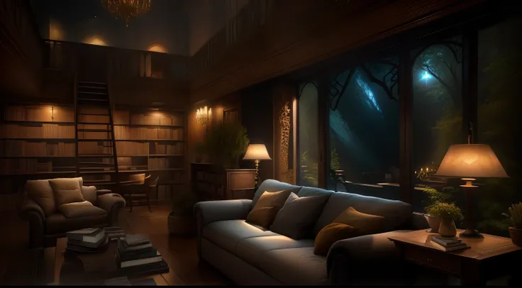 There is a sofa and a table in a room with a bookcase, ambiente acolhedor e tranquilo, ambiente aconchegante, lugar aconchegante, beautiful and cinematic lighting, ambiente relaxante, fundo aconchegante da sala de estar, magical ambiance, natural Detailed ...