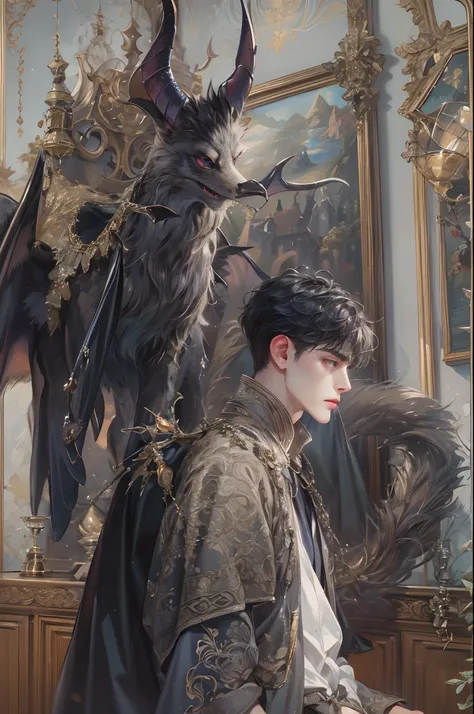 (absurdres, highres, ultra detailed, HDR), masterpiece, best quality, 1 boy , maleficent movie, boy character ,short hair, handsome face, anime eyes, detailed interior, detailed character