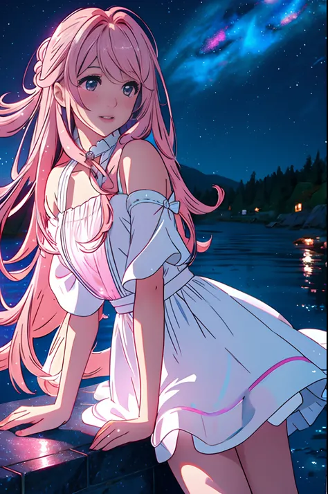 hightquality, a beauty girl,A pink-haired, Beautiful hair, Beautiful starry sky, Diffuse reflection of light, White Dress, Strong Detail, Sharpen the background, Bright night sky, "Pulling composition", Starry sky reflected on the surface of the water