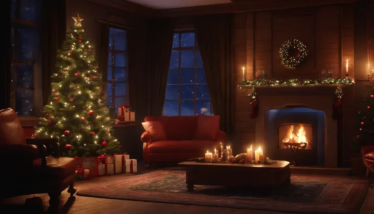 arafed room with a christmas tree and a fireplace in it, cozy home background, cozy living room background, santas workshop, cosy enchanted scene, cozy wallpaper, cozy and peaceful atmosphere, highly detailed scene, cozy place, 8k high quality detailed art...