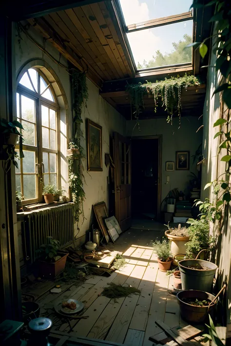 A room that belongs to a savage beast, thorny vines and weeds, mood is sloppy, grotesque, harsh, brutal, vulgarity, sadness, traumatic, abusing, writhing.