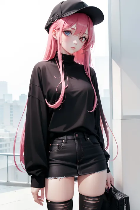 Leader of Runaway Bad Girl, Long Black Jumper, a cool、Skin Jean Miniskirt, Semi-long pink hair, Looking at the viewer, Front view,