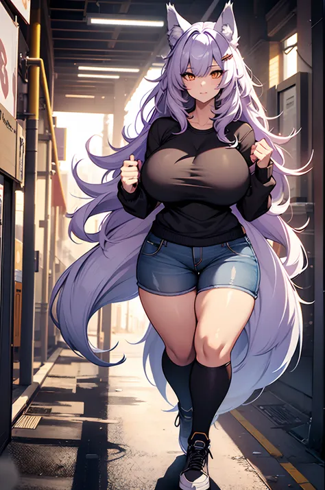 one woman, wolf girl, wolf ears, wolf tail, violet hair, strong, firm body, thick thighs, big breasts, muscular arms, casual clothes, sfw, sexy, full body, masterpiece, highly detailed, tall woman,