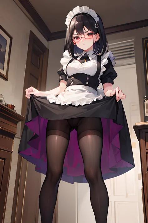 (Best Quality, hight resolution, Ultra-detailed),full body,1 girl,black hair,eyeglasses,(maid),pantyhose,angry,glared at viewer,standing,(skrit lift),from below,(show crotch),tidy room,vintage mansion