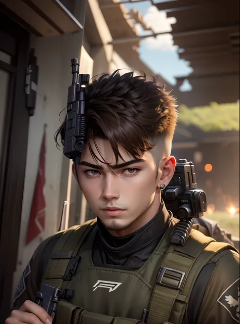 Change background to warzone, handsome boy, realistic face,  gun in one hand