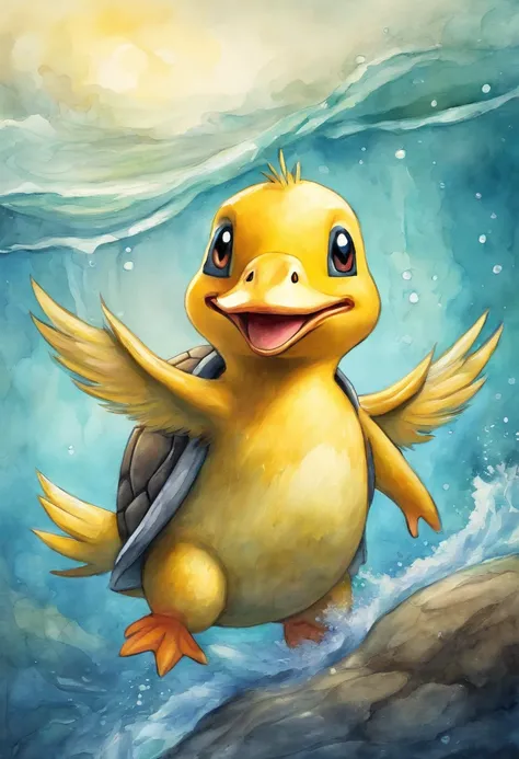 pokemon psyduck riding on a sea turtle (water color art style)