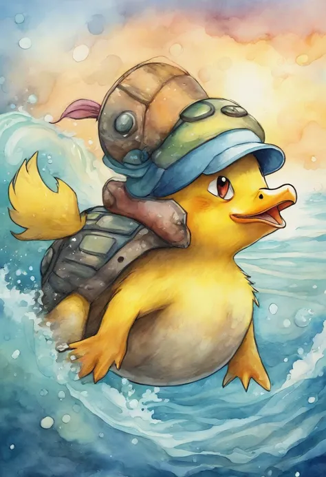 pokemon psyduck riding on a sea turtle (water color art style)