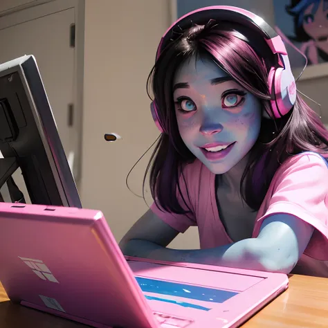 cute anime (zombie girl) with (dark purple straight hair), freckles, (((blue skin))), (((pink eyes))), pink nose. She is smiling, painting on a computer with a wacom, medium shot, wearing headphones and a pink top.