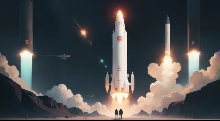 people are looking at a project on a large screen with a rocket, flat illustration, illustration detailed, concept illustration, commercial illustration, marketing illustration, simple and clean illustration, an illustration, digital illustration -, by Kur...