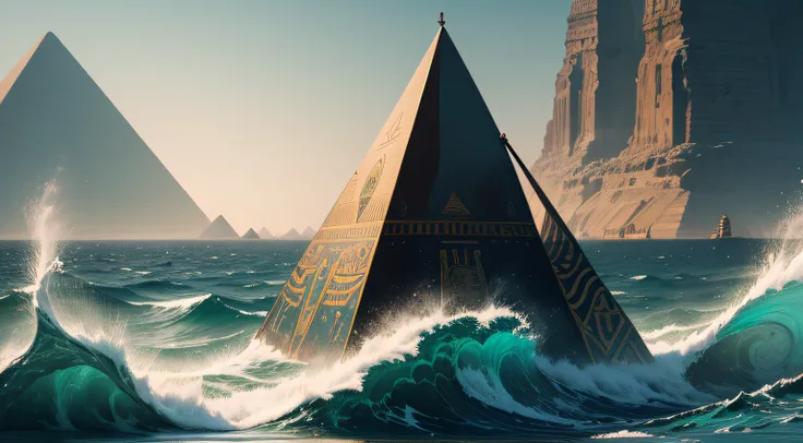 Illustrate a vast expanse of chaotic waters representing the waters of Nun, egyptian style