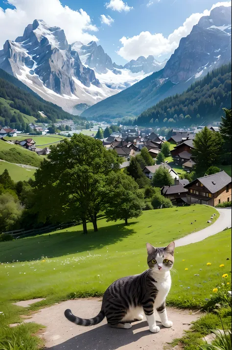 ((top-quality、​masterpiece、photographrealistic:1.4、in 8K))、Cats、(Alpine mountains and traditional Swiss houses behind)、detailed pussy、Delicate and beautiful cat