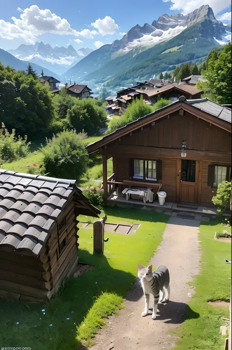 ((top-quality、​masterpiece、photographrealistic:1.4、in 8K))、Cats、(Alpine mountains and traditional Swiss houses behind)、detailed pussy、Delicate and beautiful cat