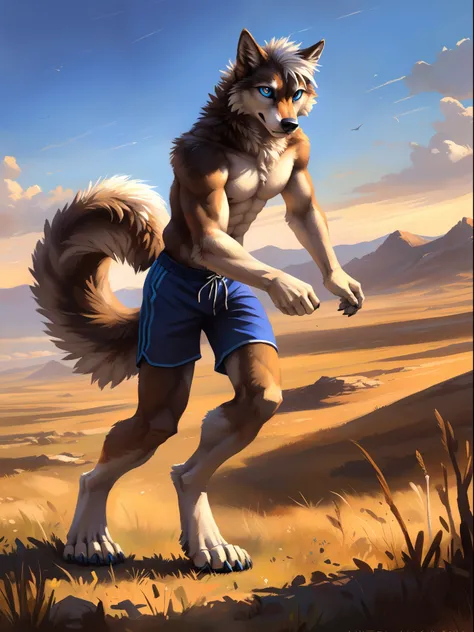 ((Solo)), male people, anthro wolf, (Multi-colored fur, White-brown:1.3), ((Wolf face, White hair, Big eyes, White eyelids, Blue pupil, Slim:1.2) (Tough, Calm expression:1.2)), Abs, Slim, pinging)), (Correct anatomy), (Work shorts:1.1), (Contour bone:1.2),...