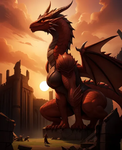 best quality, 1 girl, macro colossal size, dragon face, orange eyes, black furr, red belly, dragon female, colossal, furry female, Anthropomorphic, (in a night castle ruins), conqueror.