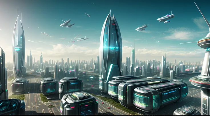 future-tech，Cidade futuristica，Future girl by the window，clean energy，Green environmental protection，Small flying machines sail around the city，Futuristic city with futuristic train and futuristic architecture at night， future concept art， Other future cit...