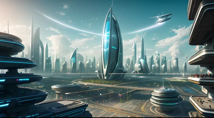 future-tech，Cidade futuristica，Future girl by the window，clean energy，Green environmental protection，Small flying machines sail around the city，Futuristic city with futuristic train and futuristic architecture at night， future concept art， Other future cit...