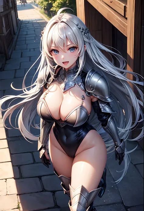 Woman knight、a beauty girl、huge tit、Excellent style、Nice Buddy、glamorous、leotard、s Armor、Shoulder rest armor、Bra chest armor、knee boots、gauntlets、hair adornments、silber hair、Longhaire、Ahoge、is standing、full body seen 、Medieval city、Walking、slightly open mo...