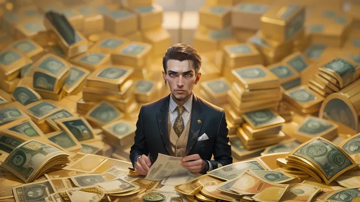 A detailed painting of an outsider in a suit, Surrounded by a barrage of dollar bills and gold bars, gold coins,