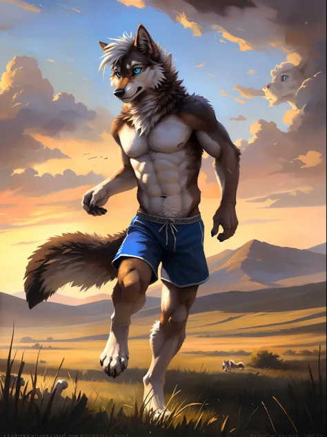 ((Solo)), male people, anthro wolf, (Multi-colored fur, White-brown:1.3), ((Wolf face, White hair, Big eyes, White eyelids, Blue pupil, Slim:1.2) (Tough, Calm expression:1.2)), Abs, Slim, pinging)), (Correct anatomy), (Work shorts:1.1), (Contour bone:1.2),...