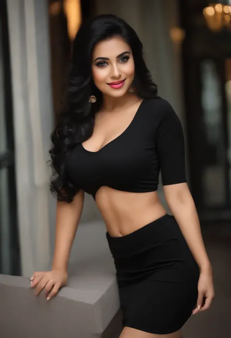 professional, (4k photo:1.1) by (south indian 30 years old curvy women), (Sharp focus:1.3), high detail, wearing lowcut black gown, mini black gown, deep lowneck, beautiful detailed face, hazel eyes, long black hair, (attractive young woman:1.3), (seductiv...