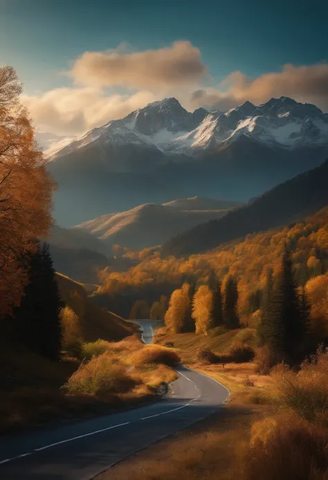 4k fotorrealista. Real background of a beautiful realistic landscape with mountains and trees but with the road in the foreground.