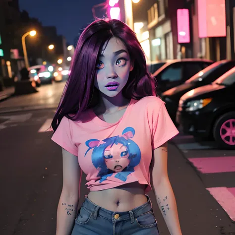 cute anime (zombie girl) with (dark purple straight hair), freckles, (((blue skin))), (((pink eyes))), pink nose. She makes peace hands, ahegao, full body shot, wearing a black t-shirt and a ripped jeans standing on street, at night.