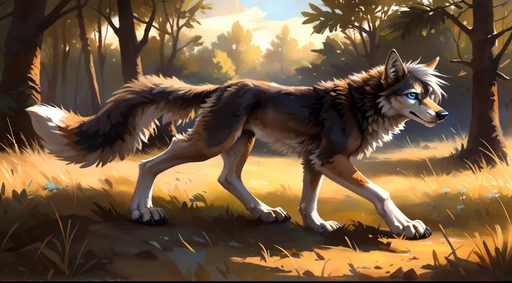 ((Solo)), male people, coyote, (Multi-colored fur, White-brown:1.3), ((Wolf face, White hair, Big eyes, White eyelids, Blue pupil, Slim:1.2) (Tough, Calm expression:1.2)), Abs, Slim, pinging)), (Correct anatomy), The upper body is naked,large tail，Feet，Lon...