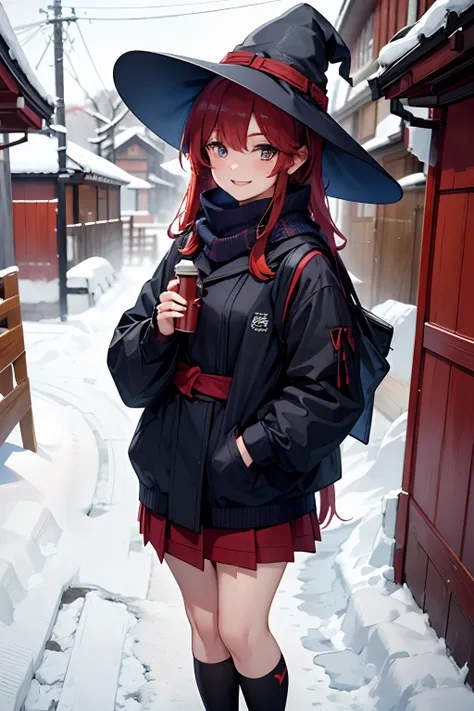 girl, Red hair hairstyle, Witch Hat, Black hat, Japan schoolgirl wearing Japan clothes, blue scarf, 4K, In winter in Tokyo, Smiling,