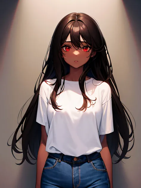 1girl, dark brown skin, long black hair, red eyes, wearing plain white shirt, denim jeans, white drop, absurdres, high res, ultrasharp, 8K, masterpiece, looking at viewer