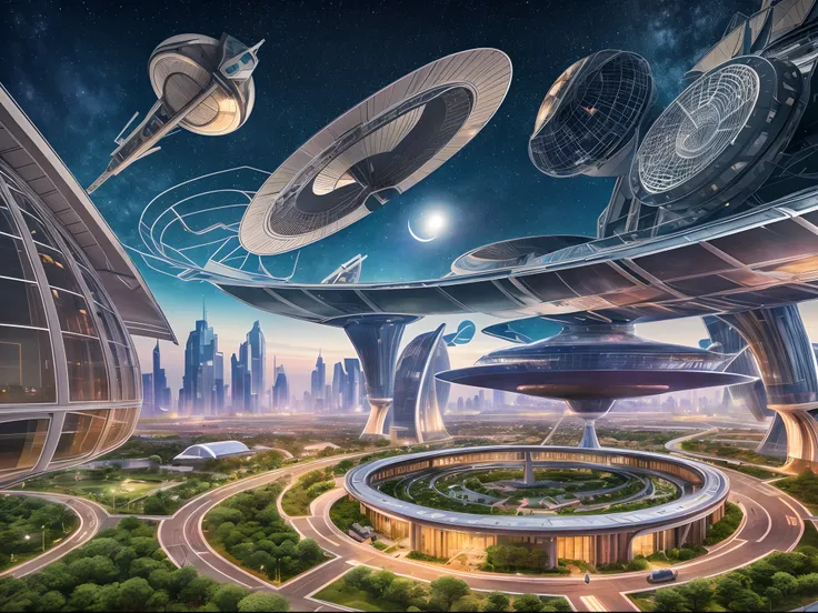 In a futuristic city, floating in space, there is a spiral-shaped spacecraft serving as the city. The view outside the spacecraft is the vast expanse of space. The architecture of the city is minimalistic and sparse, with sleek and futuristic designs. The ...