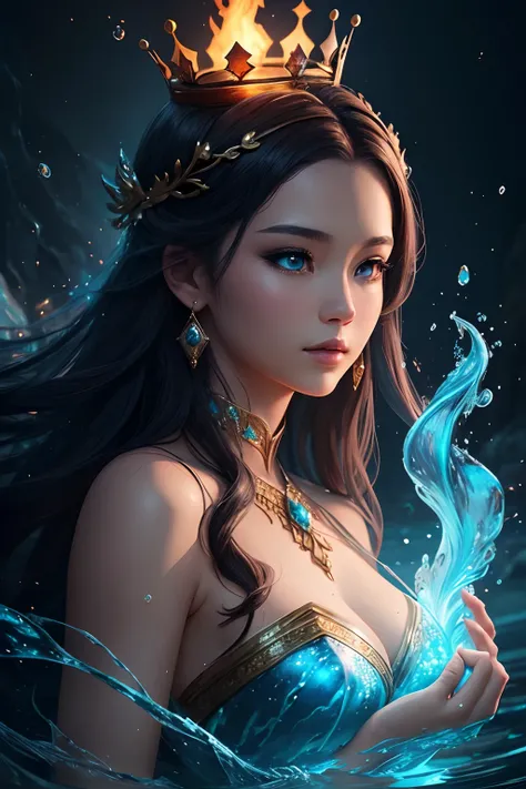 girl with a fire in her hand and a crown on her head, closeup fantasy with water magic, beautiful digital artwork, fantasy art style, fanart best artstation, asian female water elemental