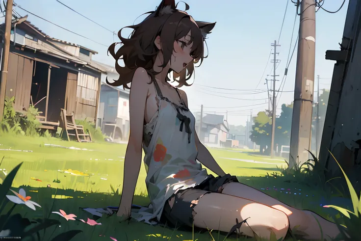 ((masuter piece)), in 8K, from side, cinematic lighting, (Very unkempt disheveled medium hair、Sit on the grass with your legs stretched, Flowery ruins), (exposed breast, Heavily battered and torn dirty white camisole, Slender small breasts, Open your big m...