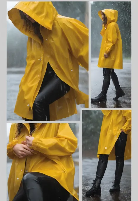 Yellow hood raincoat girl，stand posture，Positive perspective，Barefoot and barefoot，Downpour site，Accentuates the raincoat gel texture，Accentuates the translucent texture of the raincoat。