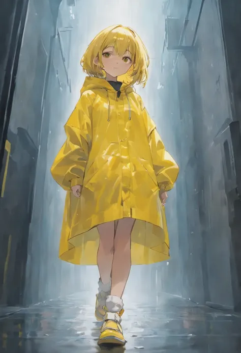 Yellow hood raincoat girl，stand posture，Positive perspective，Barefoot and barefoot，Downpour site，Accentuates the raincoat gel texture，Accentuates the translucent texture of the raincoat。