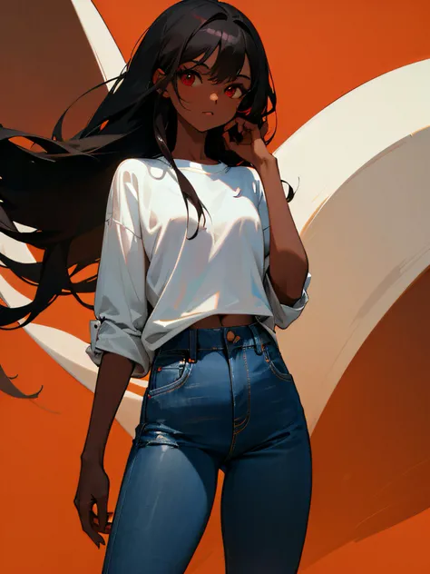 1girl, dark brown skin, long black hair, red eyes, wearing plain white shirt, denim jeans, white drop, absurdres, high res, ultrasharp, 8K, masterpiece, looking at viewer