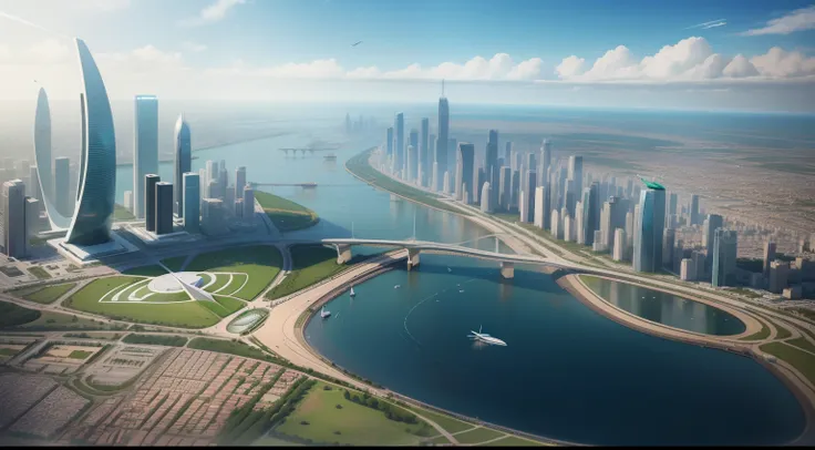 The future city，clean energy，Green environmental protection，Small flying machines sail around the city