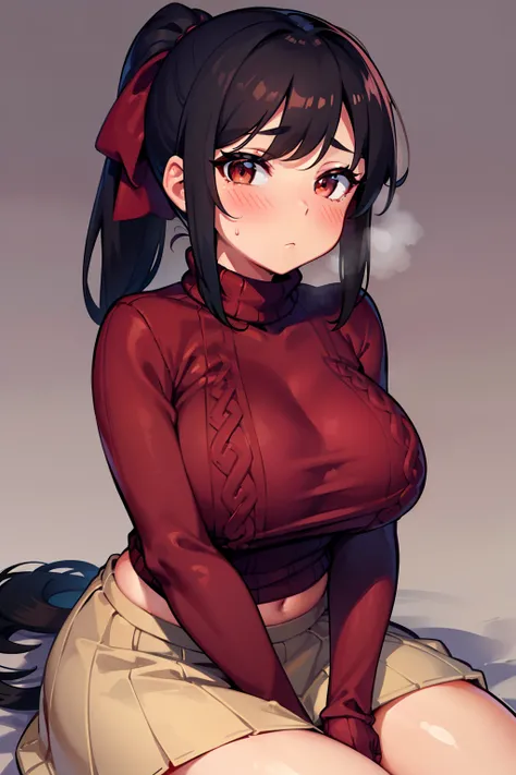 slight, tan, big boobs, tan skin, lifting, flustered, blush, , older girl, black hair, safe for work, no cleavage, cute, cozy, cute  clothes((wool sweater, long skirt, red, maroon)), red sweater , rainy ouside, sitting, ponytail, brown eyes