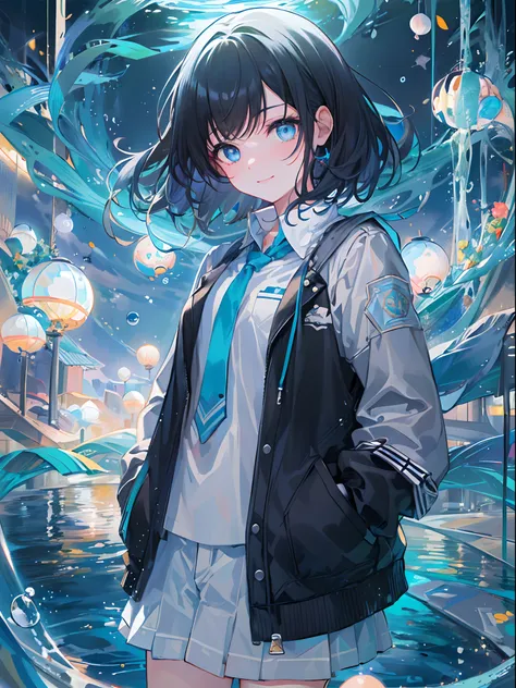 ((top-quality)), ((​masterpiece)), ((ultra-detailliert)), (extremely delicate and beautiful), girl with, 独奏, cold attitude,((Black jacket)),She is very(relax)with  the(Settled down)Looks,A dark-haired, depth of fields,evil smile,Bubble, under the water, Ai...