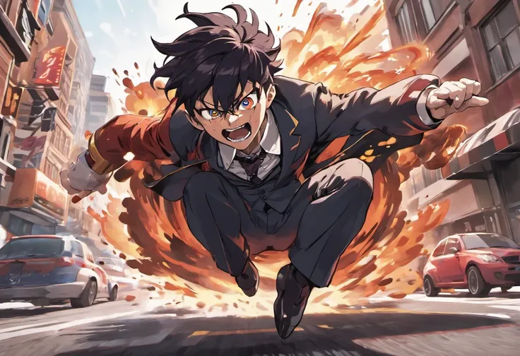 satoru gojo sideways jumping over a moving car on the street, breathing heavily, wearing suit