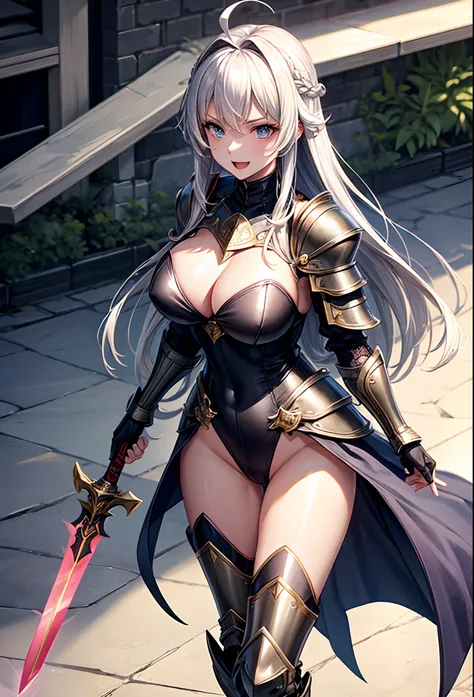 Woman knight、a beauty girl、huge tit、Excellent style、Nice Buddy、glamorous、leotard、s Armor、Shoulder rest armor、Bra chest armor、knee boots、gauntlets、hair adornments、silber hair、Longhaire、Ahoge、is standing、full body seen 、Medieval city、Walking、slightly open mo...