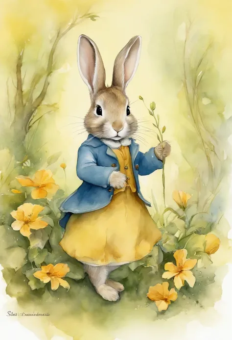 comiс style, painted in vivid watercolor, Bipedal rabbit, Roupas fofas, olhos verdes, branco, cinza, azul. amarelo, extremamente detalhado, altamente detalhado, obra prima, Fundo do conto de fadas, Wonderland, dynamic colours, Luz de conto de fadas, Direct...