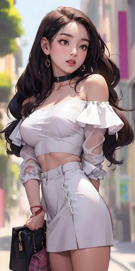 best quality, beautiful woman, curvaceous, cropped top, miniskirt, city streets, anime realism, soft tones, clean lines, perfect...