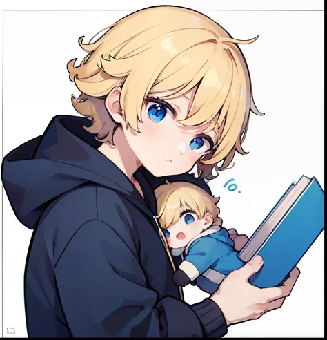 hiquality、superfine illustration,masutepiece,Animated,1boy,man,Mans,Guy,man,Mans,Short hair,Curly hair,Parted bangs,Blonde hair,Blue eyes,White skin,Handwriting style、Pick up the baby