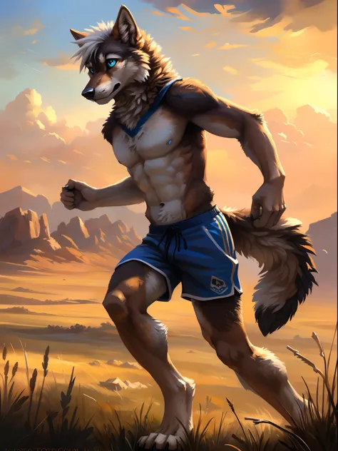 ((Solo)), male people, anthro wolf, (Multi-colored fur, White-brown:1.3), ((Wolf face, White hair, Big eyes, White eyelids, Blue pupil, Slim:1.2) (Tough, Calm expression:1.2)), Abs, Slim, pinging)), (Correct anatomy), (Work shorts:1.1), (Contour bone:1.2),...