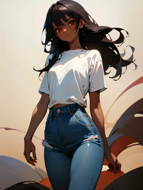 1girl, dark brown skin, long black hair, red eyes, wearing plain white shirt, denim jeans, white drop, absurdres, high res, ultrasharp, 8K, masterpiece, looking at viewer