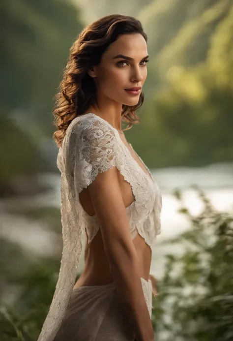 1 mulher, Cabelos longos e ondulados, olhos castanhos escuros, seios muito grandes, Seios 60b, pele claracom blusa branca, biting lips, sensual sorriso levemente parecido com gal gadot